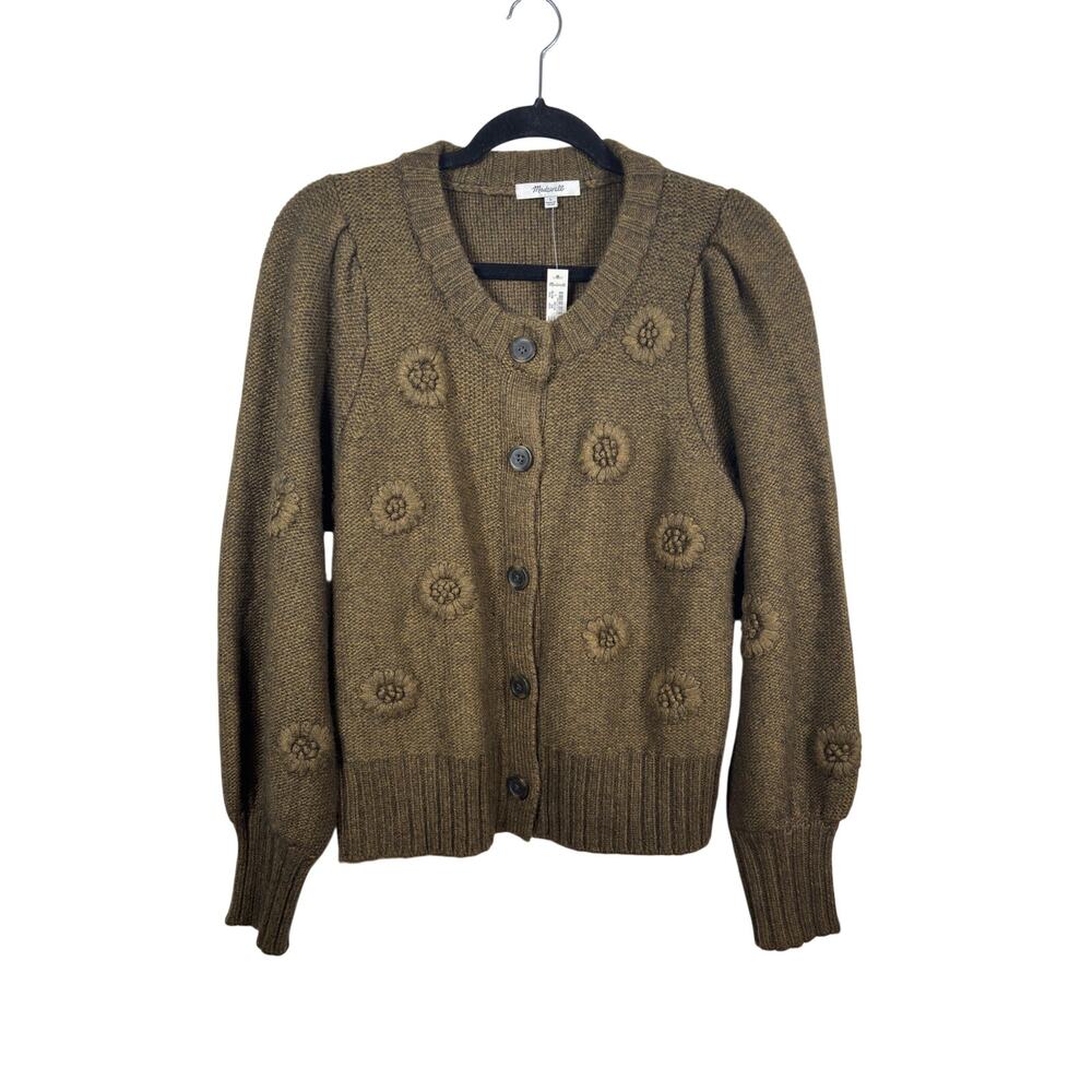 Madewell Embroidered Edencroft Cardigan Sweater Womens L Pleat Sleeve Green NWT